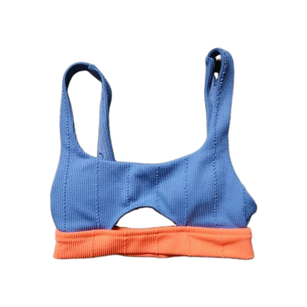 Aerie Scoop Bikini Swim Top Back Cut Out Blue Neon Orange Colorblock Sz XXS EUC